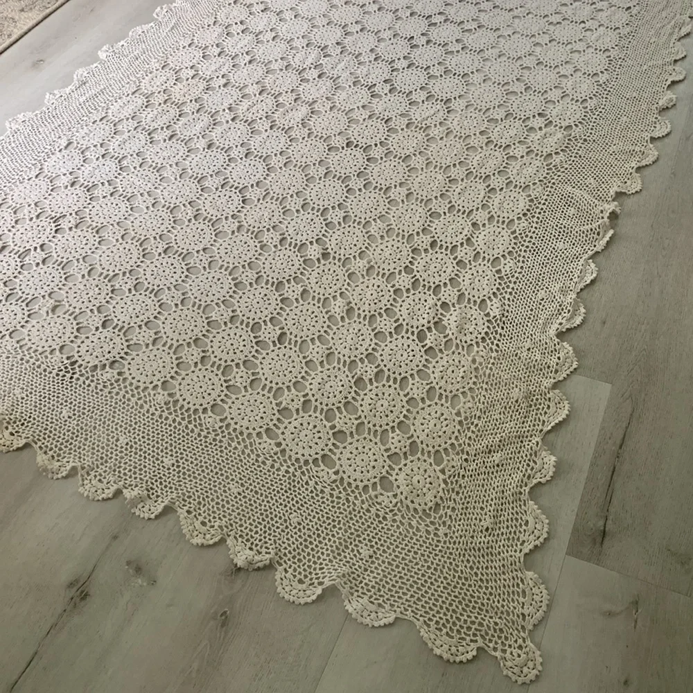 Vintage Hand Crochet Lace Bedspread Coverlet Afghan table cover blanket‎ cream